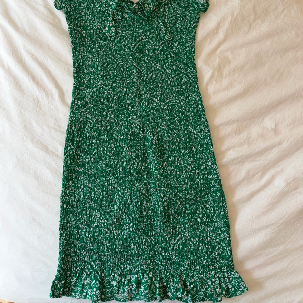 Green Floral Ruffle-Trim Midi Dress